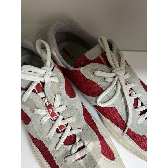 Prada Men\'s White and Red Leather Sneakers, Size 42